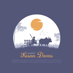 Happy Kisan Diwas Text with farmer farming silhouette vector illustration for a social media creative post template.