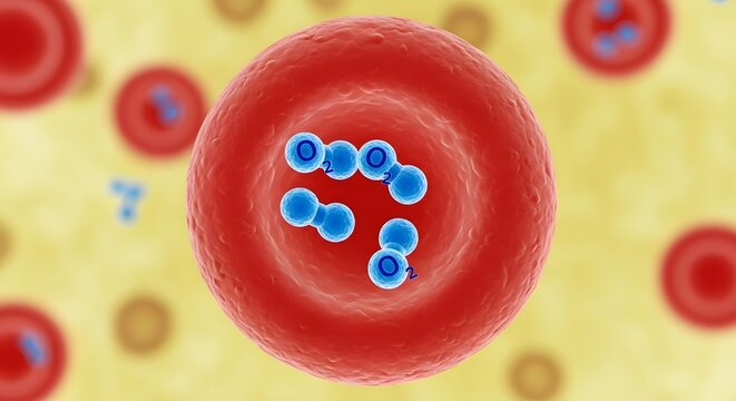 A detailed illustration of a red blood cell with blue molecules inside, representing biological processes within the circulatory system
