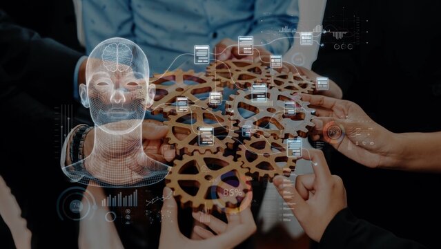 A diverse group of individuals collaborates using gears and digital interfaces to represent teamwork, innovation, and strategic communication in a modern business context. Raster