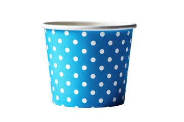 Isolated, detailed shot of a bright blue, polka-dot patterned paper cup with a white rim