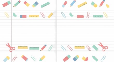 Colorful frame of illustrated school supply icons like scissors and rulers on a lined notebook paper background, providing ample copy space for text