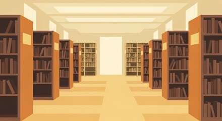 Rows of wooden bookshelves line a long aisle in a quiet university library, a tranquil place for research and study
