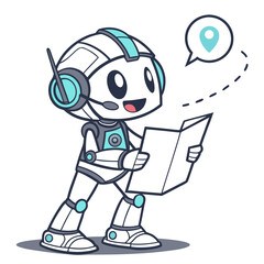 A friendly robot with a headset consults a map, a location pin in a speech bubble above, symbolizing navigation and assistance