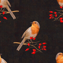 Christmas Robin with Red Berries Seamless Pattern