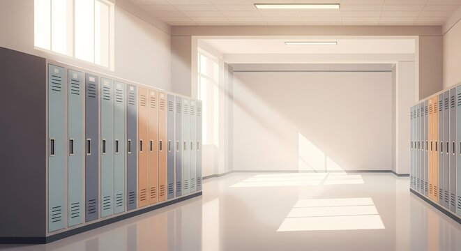 Empty School Hallway Lockers, Sunlight, and Architectural Design in a Clean, Bright Space