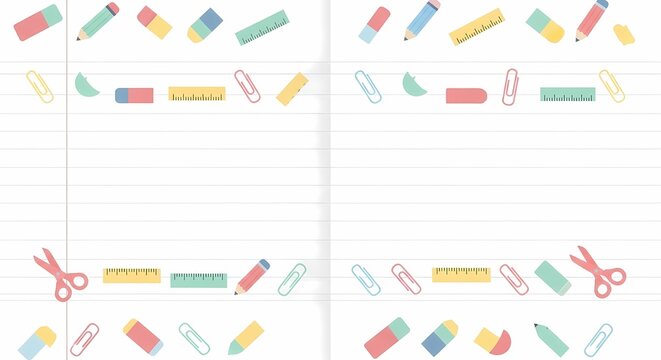 Colorful frame of illustrated school supply icons like scissors and rulers on a lined notebook paper background, providing ample copy space for text