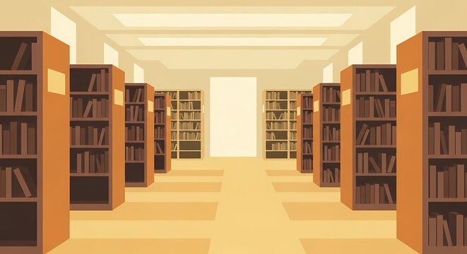 Rows of wooden bookshelves line a long aisle in a quiet university library, a tranquil place for research and study