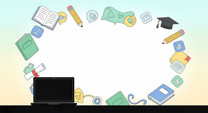 Digital learning and online education concept background. A modern approach to schooling with a laptop and study icons for a website banner