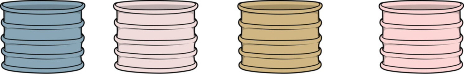 A collection of four stylized, colorful cylindrical objects with a ribbed texture, possibly representing containers or decorative elements