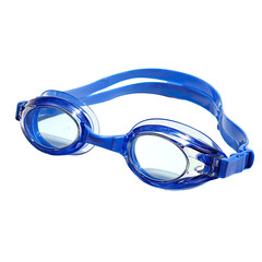Close-up shot of a pair of blue swimming goggles, isolated on a black background