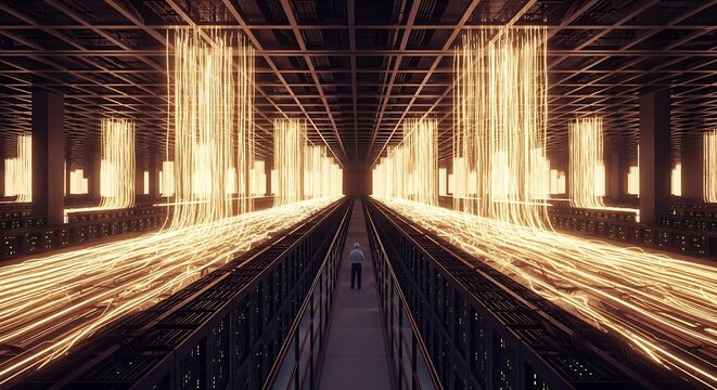 IT Administrator in a Massive Data Center with Glowing Streams of Information and Network Traffic