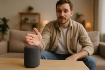 Hands-Free Control: Person gesturing toward smart speaker in cozy home backdrop
