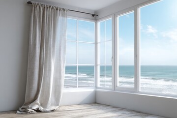 Fototapeta premium Light-filled room with large windows overlooking the ocean.