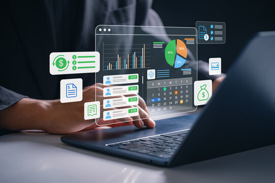 AI payroll system interface showing employee salary data, budgeting graphs, and monthly calendar used on laptop for digital finance management and automated compensation planning in business setup