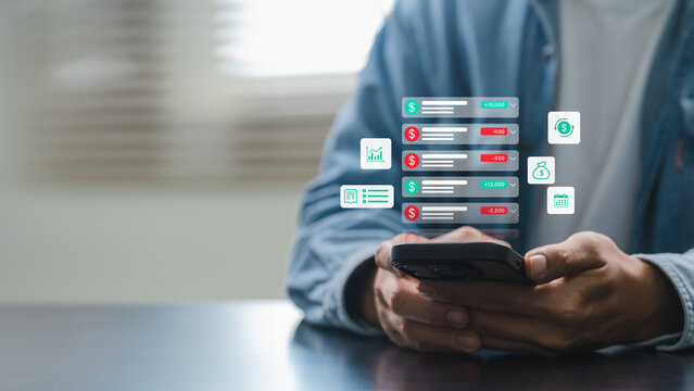Mobile finance management concept with person checking real time transactions, digital income and expense tracking, and financial data analytics on smartphone for personal budgeting and smart banking