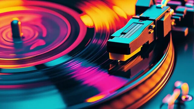 Detailed view of a DJ turntable with spinning vinyl record illuminated by colorful nightclub lighting. Rainbow lights reflect off a vinyl record spinning on a turntable. Close up