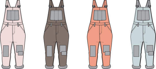 Vector illustration of stylish women's overalls in different pastel and earthy colors, featuring knee patches. A versatile concept for casual fashion design