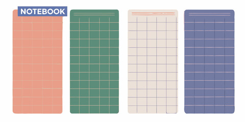 Four colorful notebook pages with grid lines and rounded corners perfect for journaling or planning