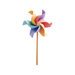 A vibrant, multi-colored toy pinwheel stands on a wooden stick against a black background