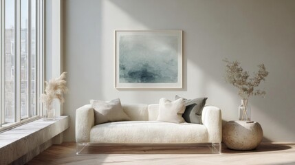 Naklejka premium Modern living room with a large window on the left side. the window has white curtains and offers a view of the city.