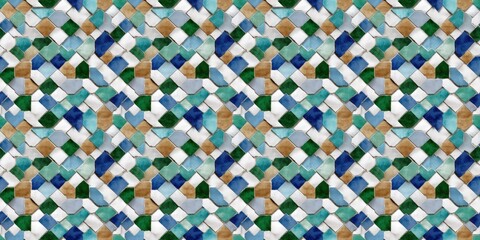 Fototapeta premium Vibrant geometric mosaic tile pattern, intricately designed with blue, green, and neutral tones. A seamless decorative background reflecting rich cultural art
