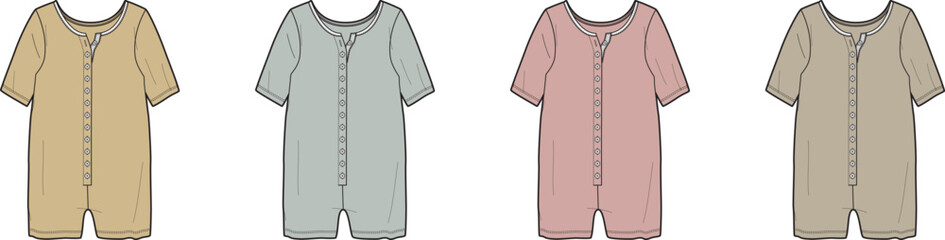 Collection of Four Infant and Toddler Long-Sleeve Rompers in Neutral and Pastel Color Flat Technical Fashion Sketches, Essential Baby Clothing Designs for Comfort and Everyday Style