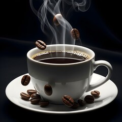 A white and grey coffee cup filled with dark, steaming coffee sits on a saucer with scattered coffee beans and rising steam.