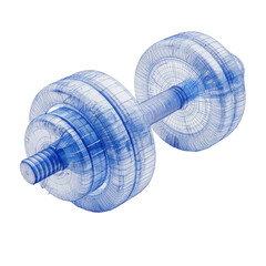A blueprint-style rendering of a dumbbell, isolated against a black background