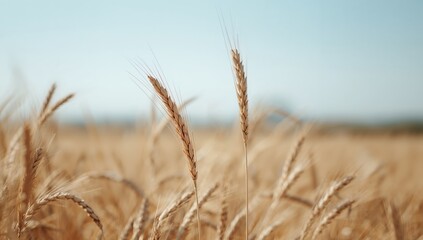 Fototapeta premium Golden Field, Warm Light, Delicate Textures, Ripe Stalks Against Clear Blue Sky.