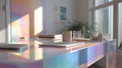 Modern office desk with a long, rectangular table in the center. the table is made of glass and has a holographic surface that reflects the light from the window on the right side of the image.