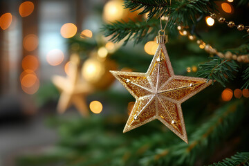 Golden Star Ornaments Hanging on Christmas Tree with Warm Holiday Glow and Sparkle