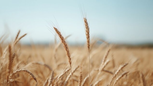 Golden Field, Warm Light, Delicate Textures, Ripe Stalks Against Clear Blue Sky.