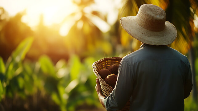 A farmer harvesting coconuts in a lush field. The golden light illuminates the scene, emphasizing the hard work and the natural beauty of the landscape. The farmer wears a traditional straw hat.