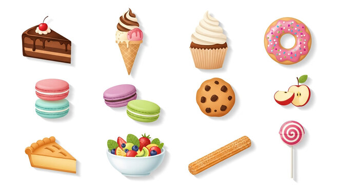 Delicious desserts and sweets collection including cake ice cream and more items
