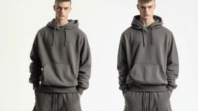 A male model poses in a gray hoodie and matching cargo pants, highlighting the contemporary streetwear style. The minimalist studio enhances the focus on the outfit design.