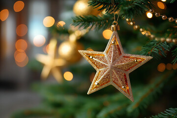 Golden Star Ornaments Hanging on Christmas Tree with Warm Holiday Glow and Sparkle