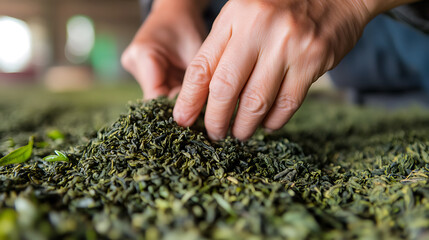 Close up of hands sorting through pile of freshly picked green tea leaves. The vibrant green leaves are carefully selected, ensuring quality in the beverage creation process.