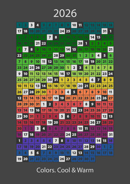 2026 Rainbow Calendar - Unique designed year calendar in rainbow colors, warm colors for the warm months, and cool colors for the cold months.