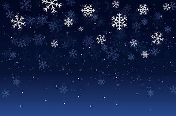 Navy blue night sky white snowflakes abstract background. Christmas backdrop with copy space.