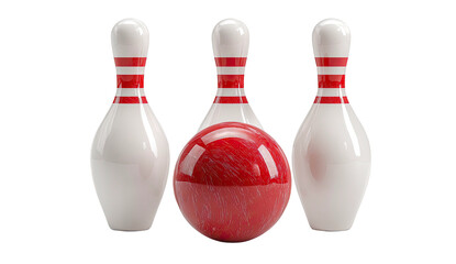 Three bowling pins with a red ball between them, on a black background