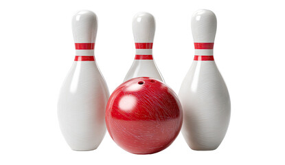 Red bowling ball positioned before three upright pins, isolated against a dark backdrop
