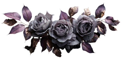 A stunning floral arrangement features dusky, layered roses and complementary leaves against a black backdrop