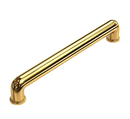 Shiny, golden, metal handle with curved ends and cylindrical body on black background