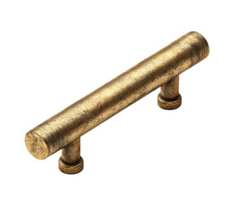 A close-up, angled view of a weathered gold-colored cabinet pull handle on a black background