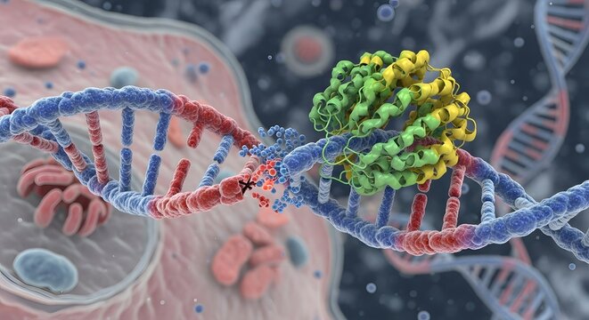 A detailed 3D illustration of a DNA double helix with a focus on molecular structures and genetic components against a scientific background