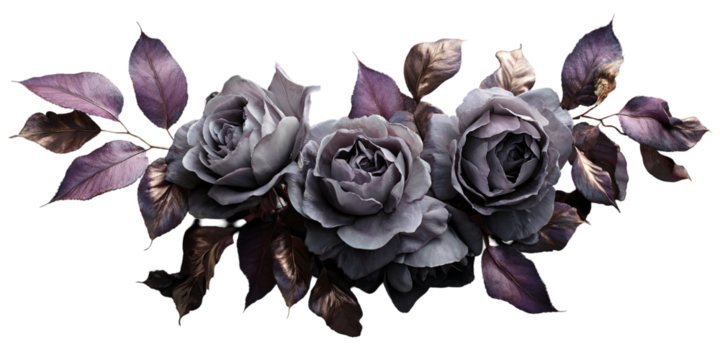 A stunning floral arrangement features dusky, layered roses and complementary leaves against a black backdrop