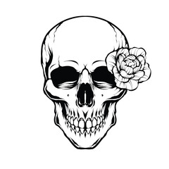 Elegant Skull with Blooming Flower Line Art