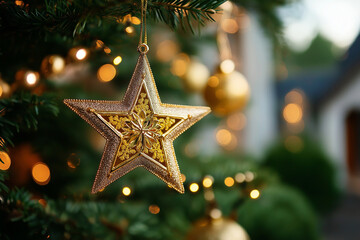 Golden Star Ornaments Hanging on Christmas Tree with Warm Holiday Glow and Sparkle