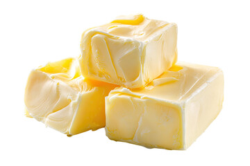 Close-up shot of three blocks of golden yellow dairy spread arranged in a stack