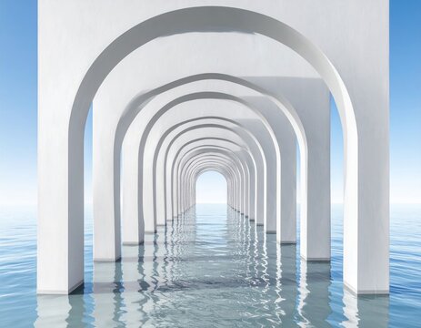 Arched white structure extending into calm water under a blue sky